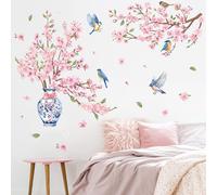 FUFUQUARE Pink Peach Blossom Flower Vase Wall Stickers Hanging Floral Branch Birds Wall Art Decals Living Room Girls Bedroom TV Background Wall Decor