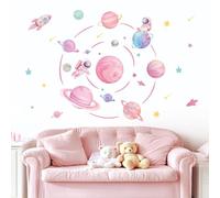 FUFUQUARE Pink Solar System Wall Decals Cartoon Space Planet Astronaut Wall Stickers Removable Peel and Stick for Baby Girls Nursery Bedroom Living Room Playroom