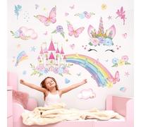 FUFUQUARE Rainbow Unicorn Wall Stickers Colorful Cute Castle Butterfly Flowers Peel and Stick Wall Decals for Girls Bedroom Nursery Living Room