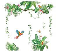FUFUQUARE Rainforest Parrot Wall Stickers Green Tropical Palm Leaf Wall Decals Self-Adhesive Removable Peel and Stick for Living Room TV Background Bedroom Nursery