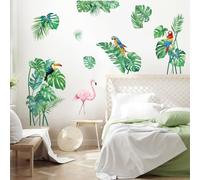 FUFUQUARE Tropical Leaves Wall Stickers Green Large Palm Leaf Parrot Flamingo Wall Decals Peel and Stick Art Decor for Living Room Bedroom TV Background Office