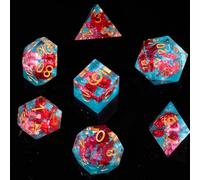 Fugacity DND Dice Set,Handmade Sharp Edge 7 Piece Resin Dice-Dungeons and Dragons Polyhedral Dice Set, D&D Dice Set with Gift Dice Case for RPG MTG Table Games(Red Flower & Blue)