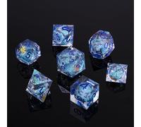 Fugacity DND Dice Set, Liquid Core Handmade Sharp Edge 7 Piece Resin Dice-Dungeons and Dragons Polyhedral Dice Set, D&D Dice Set with Gift Dice Case for RPG MTG Table Games (Light Blue Sand & Purple)