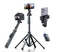 Fugetek 62" Professional Cell Phone Tripod, Ultra Stable 4 Leg Design, Bluetooth Remote, 100% All Aluminum Stick & Legs, Portable All in One, 360° Phone Mount with 2 Cold Shoe Slots, Non Skid Feet