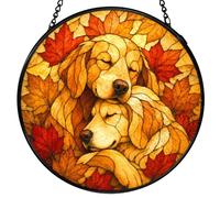 FUGWN Fall Golden Retriever Stained Glass Suncatcher Wall Hanging 7.9x7.9 | Golden Retriever Gifts Sun Catchers Indoor Window Round Glass Wall Art Decor, Fall Leaves Dog Suncatcher Wall Hanging Decor