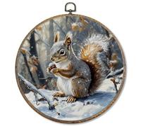 FUGWN Rustic Winter Squirrel Round Wall Art Decor Framed, Nature Wildlife Canvas Artwork Prints, Winter Forest Animal Squirrel Wall Hanging Decorations for Home Living Room Bedroom, 10x10 Inch