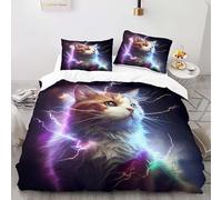 FUHAOLI Bedding Set 230×220cm Starry Lightning Cat 3D print Pattern King size with 2×50 * 75cm Pillowcase 3 Pcs with zippe for Children teen Soft Lightweigh comforter set#B