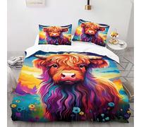FUHAOLI Bedding Set 260×220cm Colorful highland cow 3D print Pattern Super King size with 2×50 * 75cm Pillowcase 3 Pcs with zippe for Children teen Soft Lightweigh comforter set#B
