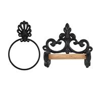 Fuhjythy Black Toilet Roll Holder Towel Holder Set,Bathroom Cast Iron Towel Ring Toilet Roll Holder Wall Mounted, Vintage Design