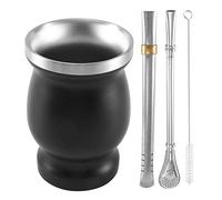 Fuhjythy Double-Wall Stainless Yerba Mate Gourd Tea Cup Set Coffee Water Cup with 2 Bombillas Straws Spoon&Clean Brush 8Oz Black