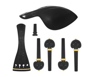 Fuhjythy Hand Carved Ebony Violin Parts Accessories 4 Piece Set with Relief Flower Tailpiece, Pegs, Chinrest, and Endpin
