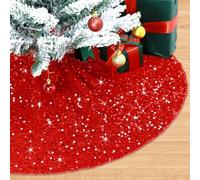 FUHSY 118 CM Diameter Christmas Tree Skirt Red Sequin Velvet Tree Decorative Skirts Glitter Embroidered and Sequined Tree Cover Mat Glitter Xmas Tree Skirt for Christmas Halloween Tree Decoration