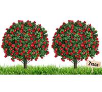 FUHSY Artificial Boxwood Topiary Ball Tree Outdoor Plants with Red Rose Flowers 2 Pack 60cm UV Resistant Artificial Shrub Bushes with Ground Spike Fake Boxwood Ball for Garden Porch Patio Decoration