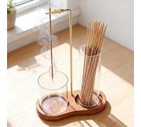 FUHSY Wooden Upside Down Incense Sticks Holder, Modern Incense Burner with Removable Glass Ash Catcher, Includes 20 Incense Sticks & Brush, Brown Stand Decor for Zen Yoga Spa Meditation