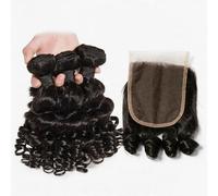 FUIBEJAE 10A Virgin Hair Bouncy Curl 3 Bundles with 4X4 Lace Closure Unprocessed Brazilian Double Weft Human Hair Bundles Short Curly Hair Extensions Full Head Natural Color,14 16 18+14closure