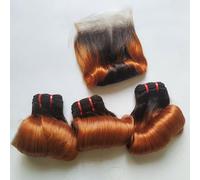 FUIBEJAE 12A Orange Gradient Brazilian Hair 1 Bundles Egg Curly Double Drawn Human Hair Bundles Short Curly Weave Unprocessed Brazilian Human Hair Extensions Full Head,14inch/4 * 4closure