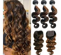 FUIBEJAE 1B/30 Bundles Ombre Loose Deep Wave Human Hair Bundles Curly Wave 3Bundles Brazilian Human Hair And 4X4 Free Part Lace Closure for Black Women,22 24 26 +20 inch
