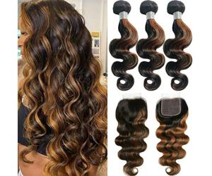 FUIBEJAE 1B/30 Bundles Ombre Loose Deep Wave Human Hair Bundles Curly Wave 3Bundles Brazilian Human Hair And 4X4 Free Part Lace Closure for Black Women,22 24 26 +20 inch