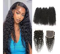 FUIBEJAE #1B Black Afro Kinky Curly Bundles Human Hair Unprocessed Virgin Hair Weave Double Weft Hair Extensions Soft Curly Human Hair Bundles for Black Women,16inch18inch20inch+16inch