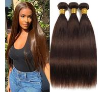 FUIBEJAE #2 Dark Brown Straight Brazilian Hair 1 Bundles Curly Double Drawn Human Hair Bundles Unprocessed Brazilian Human Hair Extensions Full Head,24 24 24