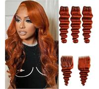 FUIBEJAE #350 Orange Ombre Loose Deep Wave Bundles with Closure Unprocessed Brazilian Virgin Remy Human Hair Extensions 3 Bundles with 4X4 Transparent Lace Closure Free Part,16 18 20+16 inch
