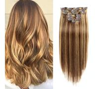 FUIBEJAE # 4/27 Hair Extensions Clip in Human Hair Piano Color 7Pcs Remy Hair Silky Straight 16Clips Real Natural Hair Extensions One Pack for Women Daily Use,20"(50cm) 70g