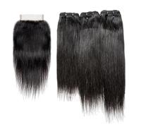 FUIBEJAE 8A Straight Hair3 Bundles with 4X4 Lace Closure Double Drawn Human Hair Bundles Long Straight Unprocessed Brazilian Human Hair Extensions Full Head Natural Color,16 18+16(4x4)