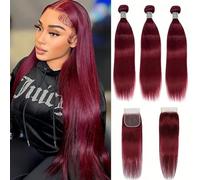 FUIBEJAE #99J Straight Bone Human Hair Bundles Loose Deep Wine Red Straight 3Bundles Brazilian Remy Hair 4X4 Free Part Lace Closure for Black Women,14 16 18+14 inch