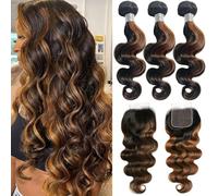 FUIBEJAE Black Mixed with Brown Loose Deep Wave Bundles Human Hair 3 Bundles with Lace Closure Brazilian Virgin Curly Wave Human Hair Bundles for Black Women,14 16 18+14closure