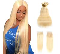FUIBEJAE Blonde Loose Deep Bundles with Closure Human Hair #613 Natural Hair Bundles with Lace Closure Grade Brazilian Virgin Hair Extensions for Black Women,14 16 18+14closure