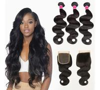 FUIBEJAE Body Wave Curly 3 Bundles with 4X4 Lace Closure Double Drawn Human Hair Bundles Long Curly Weave Unprocessed Brazilian Human Hair Extensions Full Head Natural Color,18 20 22+18closure