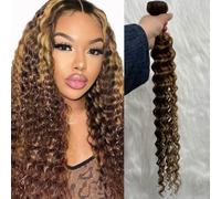 FUIBEJAE Brazilian Hair 1 Bundles Curly Double Drawn Human Hair Bundles Piano Color Highlight Deep Wave Unprocessed Brazilian Human Hair Extensions Full Head,16inch