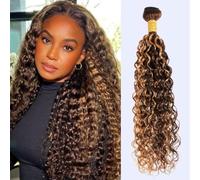 FUIBEJAE Brazilian Hair 1 Bundles Curly Double Drawn Human Hair Bundles Water Wave Curly Unprocessed Brazilian Human Hair Extensions Full Head,P4/27 Piano Color,14inch