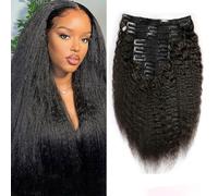 FUIBEJAE Clip in Hair Extensions for Women, Black Kinky Straight Seamless Clip in Extensions Human Hair,8 Pcs Set 18 Clips, Invisible Tape-In Hairpieces for Daily Us,22inch(55cm)