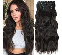 FUIBEJAE Clip in Hair Extensions for women,Long Water Ripple Wavy Hair Wigs Soft Curly Hair Piece for Daily Party Cosplay,4 Pcs 11Clips,4# brown black 24inch