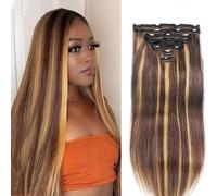 FUIBEJAE Clip in Hair Extensions for Women,Piano Color Straight Seamless Clip in Extensions Human Hair,8 Pcs Set 18 Clips, Invisible Tape-In Hairpieces for Daily Us,18inch(45cm)