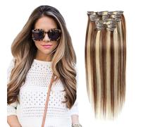 FUIBEJAE Clip in Human Hair Extensions Piano Color Medium Long Straight Real Remy Natural Hair Clip in Hair Extensions for Women Daily Use,8 Pcs 17 Clips,20inch (50cm) 100g