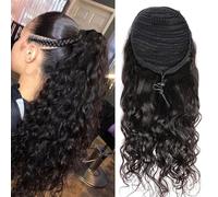 FUIBEJAE Drawstring Ponytail for Black Women Water Wave Ponytail Extension Human Hair Brazilian Remy Human Hair Ponytail Natural Black,22inch