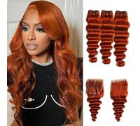 FUIBEJAE Ginger Loose Deep Wave Bundles Human Hair 3 Bundles with 4X4 Free Part Lace Closure Brazilian Virgin Curly Wave Human Hair Bundles Hair for Black Women,#350,18 20 22+18free