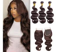 FUIBEJAE Loose Deep Wave Bundles Human Hair 3 Bundles with Lace Closure Brazilian Virgin Loose Deep Wave Human Hair Bundles Hair for Black Women,#2 Chocolate Brown,16 18 20+16closure