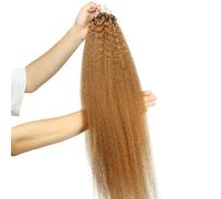 FUIBEJAE Micro Link Human Hair Extensions Brown Kinky Straight Micro Loop Ring Hair Extensions Fish Line Micro Bead Real Human Hair Extension for Women, 100G 100 Strands,14inch