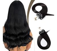 FUIBEJAE Micro Loop Ring Hair Real Human Hair Extensions Black Silky Straight Micro Link Human Hair Micro Bead Fish Line Hair Human Hair Extensions for Women, 100 Strands,14inch