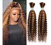 FUIBEJAE P4/27# Human Braiding Hair for Boho Braids Piano Color Deep Wave Bulk Human Hair for Braiding No Weft Curly Bundles Hair Extensions for Boho Knotless Braids,2bundles,12inch