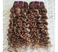 FUIBEJAE Piano Color Deep Wave Curly Double Drawn Human Hair Bundles Short Curly Weave Unprocessed Brazilian Human Hair Extensions Full Head, #P4/27,20inch/13 * 4frontal