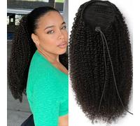 FUIBEJAE Ponytail Extension, Afro Curly Drawstring Ponytail Human Hair Extensions, Clip in Long Curly Pony Tails Hair Piece for Black Women