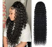 FUIBEJAE Ponytail Extension, Water Wave Drawstring Ponytail Human Hair Extensions, Clip in Long Curly Pony Tails Hair Piece for Black Women