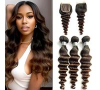 FUIBEJAE T1b/2/4 Bundles Ombre Loose Deep Wave Human Hair Bundles Gradient Color Curly Wave 3Bundles Brazilian Human Hair and 4X4 Free Part Lace Closure for Black Women,22 24 26 +20 inch