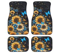 FUIBENG 4 Piece Sunflower Car Floor Mats Full Sets Blue Butterfly Yellow Sunflower Floor Mats for Vehicle Front and Back,Stain Resistant Washable Foot Carpet Area Rug Auto Interior Protective