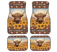 FUIBENG Univesal Fit Car Floor Mats Set of 4,Highland Cow Sunflower Car Mat Western Automotive Floor Mat for Front and Back,Non Slip All-Weather Protection Universal Fit Most Vehicles