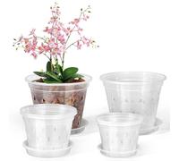 FUIJOL Orchid Pot, 6 Pack 4 5 6 7 Inch Clear Orchid Pots with Holes and Saucers for Repotting, Breathable Slotted Plastic Orchid Planters with Drainage for Root Health Indoor Outdoor (4/5/6 Inch)